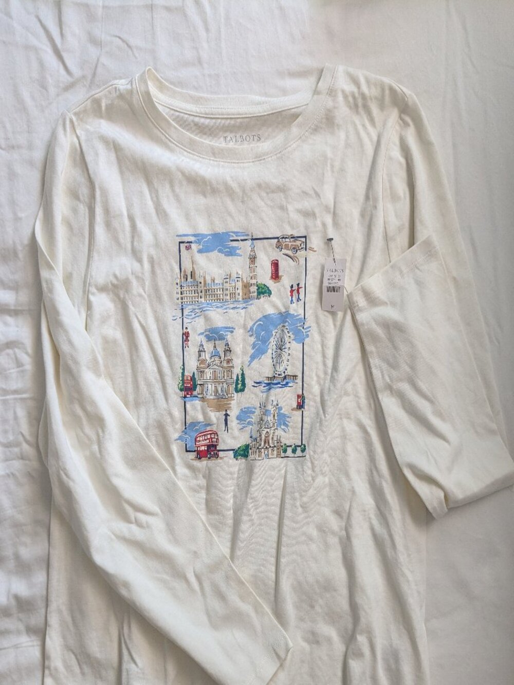 NWT London novelty print long sleeve shirt, cream neutral
